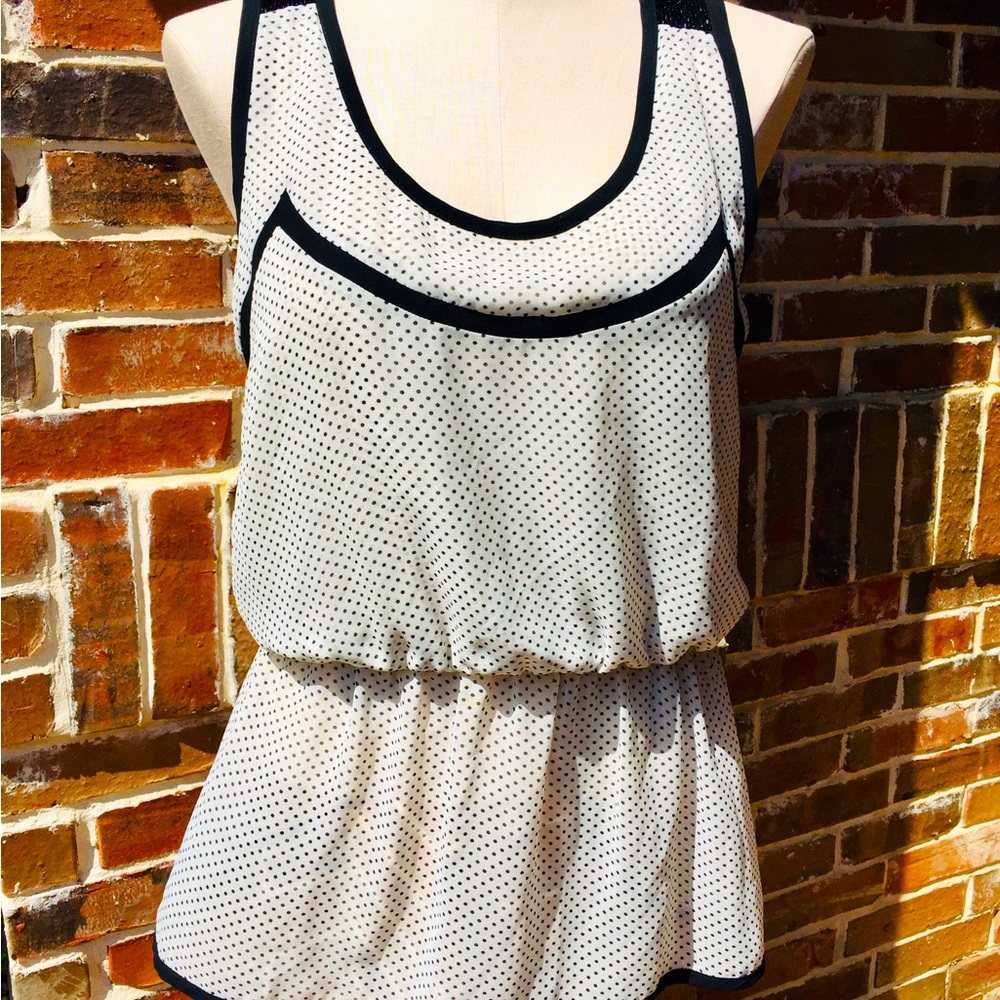Semi-Sheer Black/ White Polka Dot Top Beaded Y2K Blouse Sz M